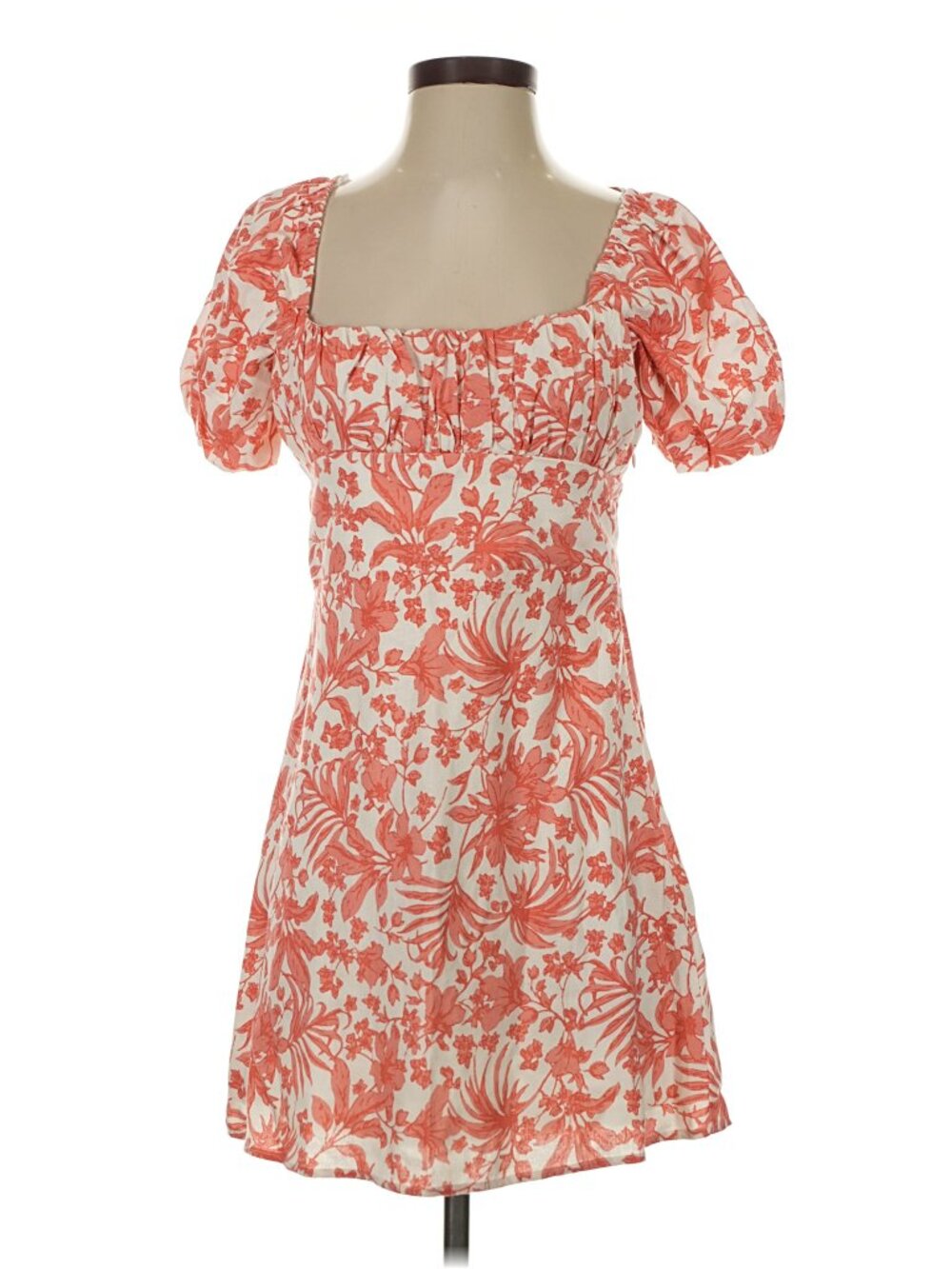 AQUA Coral Botanical Puff Sleeve Square Neck Mini Dress Size S - Picture 3 of 7